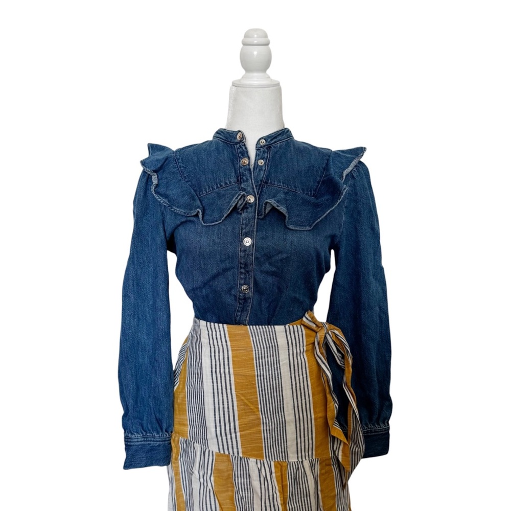 Zara Shirt Snap Button Chambray Western Ruffle